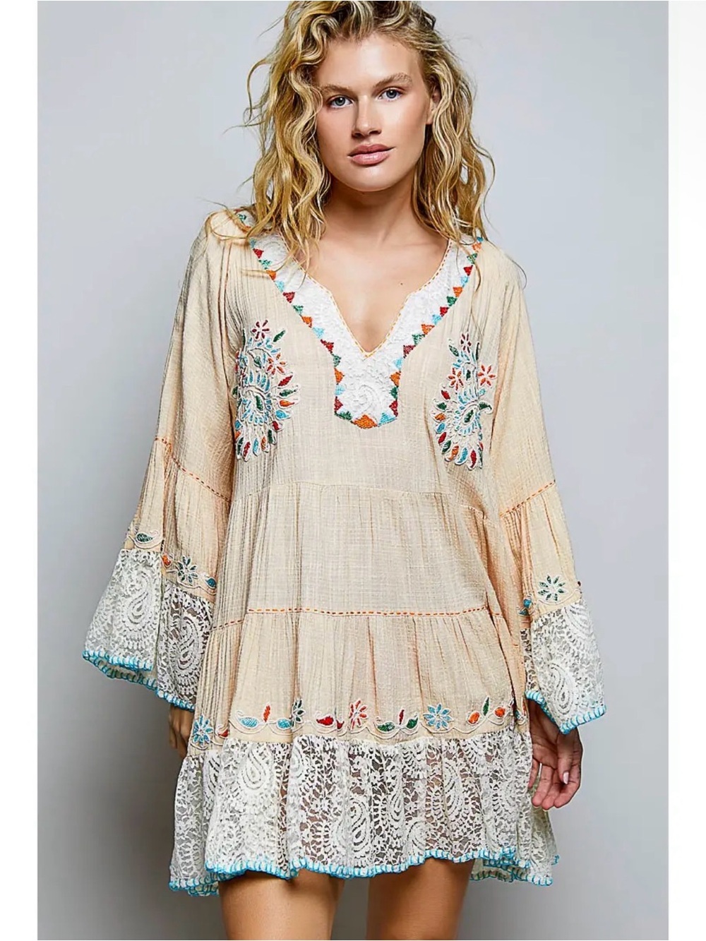 POL beige vintage embroidered lace ruffle western boho beaded midi swing dress
